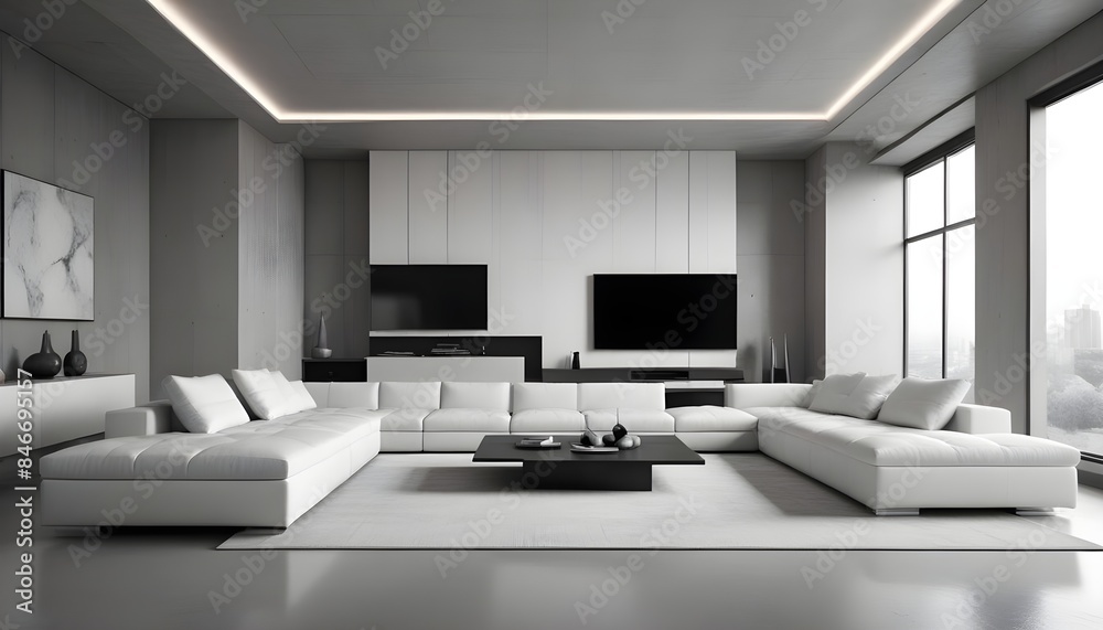 High end modern living room with white leather couch and a large flat screen tv mounted on the wall, brutalist architecture mixed with modern futuristic minimal design High end modern living room with white leather couch and a large flat screen tv mounted on the wall, brutalist architecture mixed with modern futuristic minimal design