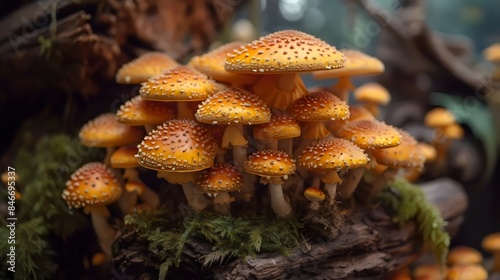 A bunch of orange mushrooms growing on a log photo