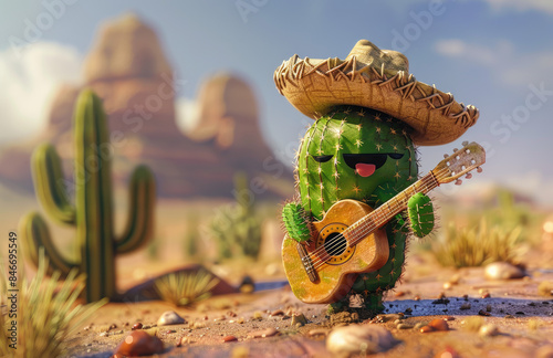 a happy cute cartoon catus character playing guitar on desert photo