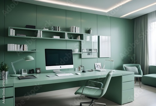 minimalist interior design style futuristic home office sleek furniture state of the art technology photo