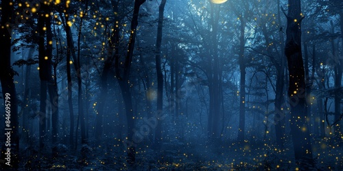 Enchanting night forest scene, capturing the silhouettes of trees and fireflies under the moonlight. Escape from the city, relieve stress, vacation, moon, mid-autumn festival, mist, mystical, holiday, © Da