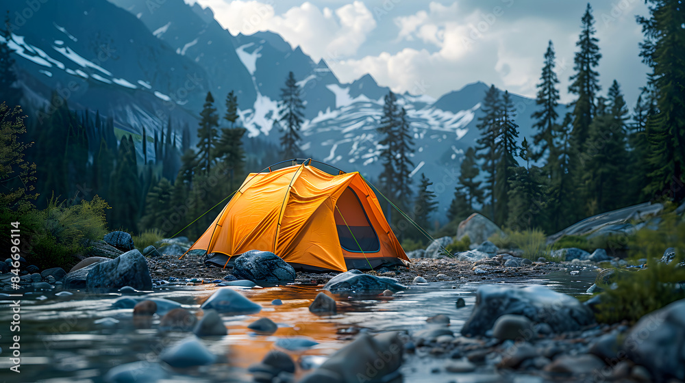yellow tent at forest campsite, outdoor leisure adventure yellow tent at forest campsite, outdoor leisure adventure