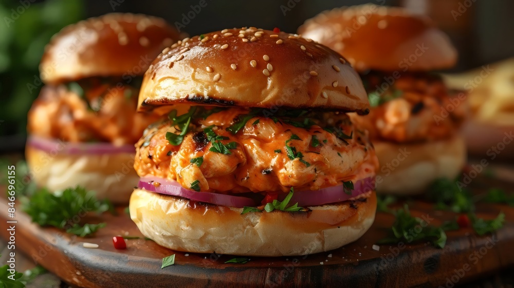 Three hamburgers with onions and parsley on top of a wooden board Three hamburgers with onions and parsley on top of a wooden board