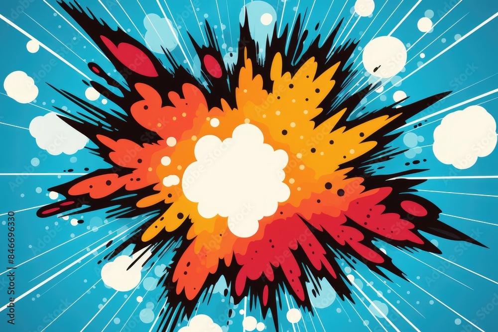 Fototapeta premium Bold and colorful comic style explosion cloud against a dotted blue backdrop in classic pop art tradition