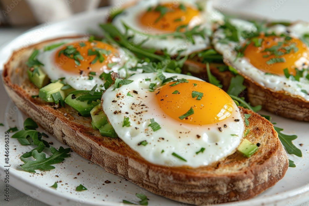 Bread with fried eggs, avocado and herbs Bread with fried eggs, avocado and herbs
