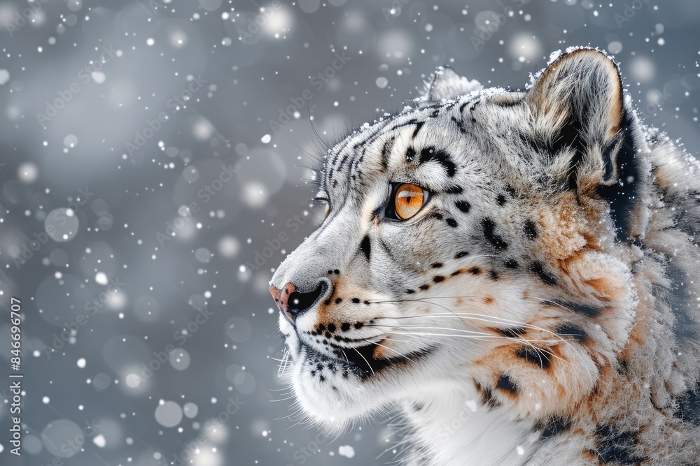 Fototapeta premium Face portrait of snow leopard on snowy background