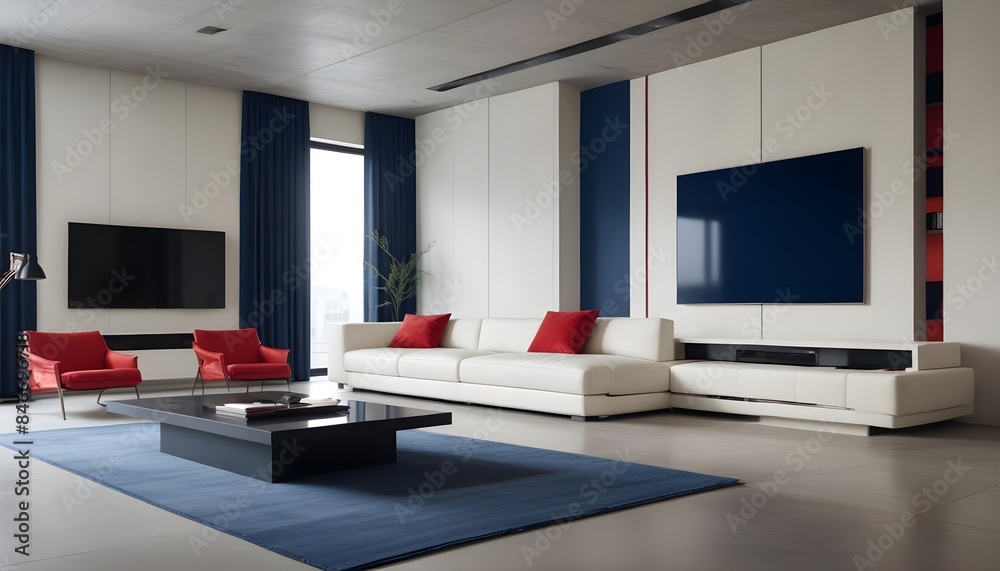 High end modern living room with white leather couch and a large flat screen tv mounted on the wall, brutalist architecture mixed with modern futuristic minimal design High end modern living room with white leather couch and a large flat screen tv mounted on the wall, brutalist architecture mixed with modern futuristic minimal design