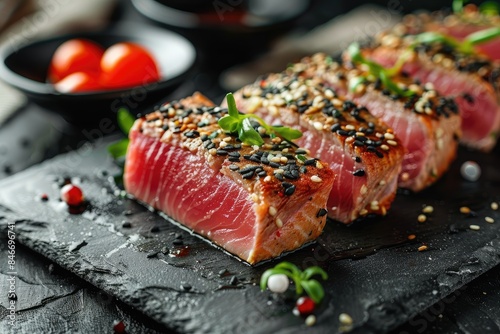 Fried tuna steak in black sesame on black stone plate