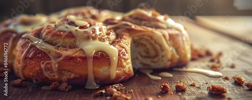 Freshly baked cinnamon rolls with gooey cream cheese icing, 4K hyperrealistic photo photo