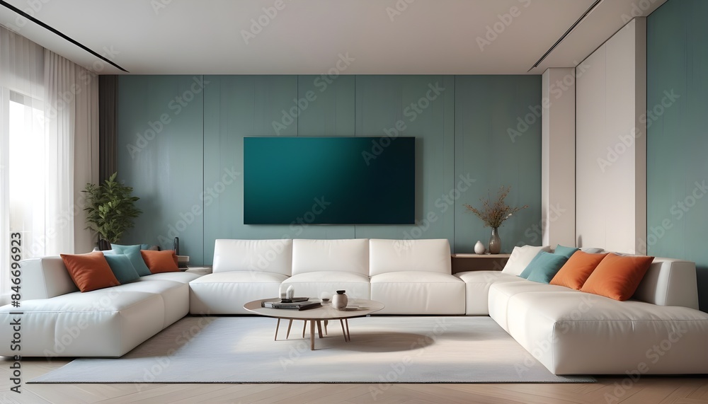 High end modern living room with white leather couch and a large flat screen tv mounted on the wall, brutalist architecture mixed with modern futuristic minimal design High end modern living room with white leather couch and a large flat screen tv mounted on the wall, brutalist architecture mixed with modern futuristic minimal design