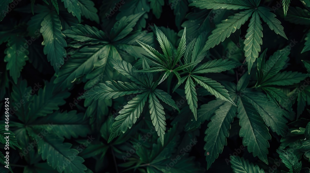 Lush cannabis plant leaves, with deep green hues and texture Lush cannabis plant leaves, with deep green hues and texture