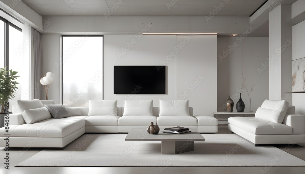High end modern living room with white leather couch and a large flat screen tv mounted on the wall, brutalist architecture mixed with modern futuristic minimal design High end modern living room with white leather couch and a large flat screen tv mounted on the wall, brutalist architecture mixed with modern futuristic minimal design