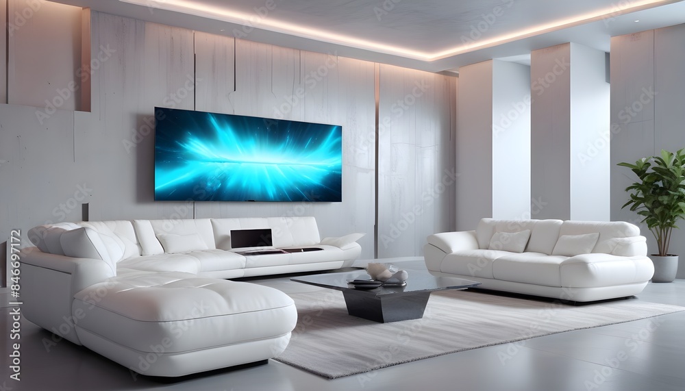 High end modern living room with white leather couch and a large flat screen tv mounted on the wall, brutalist architecture mixed with modern futuristic minimal design