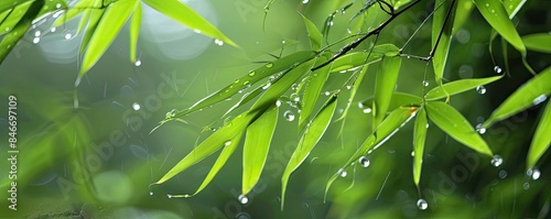 Close-up of vibrant green bamboo leaves with water droplets on them, showcasing nature's beauty and freshness.