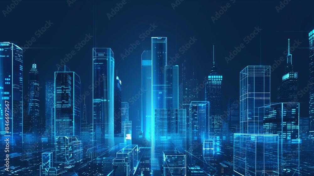 Modern Cityscape with Skyscrapers and Glass Buildings in Blue Shades Symbolizing Innovation and Technology. Representation of Digital Transformation in Real Estate Modern Cityscape with Skyscrapers and Glass Buildings in Blue Shades Symbolizing Innovation and Technology. Representation of Digital Transformation in Real Estate