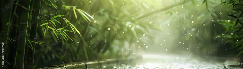 Naklejka premium Serene bamboo forest with sunlight filtering through, surrounded by nature and greenery, evoking a sense of tranquility and peace.