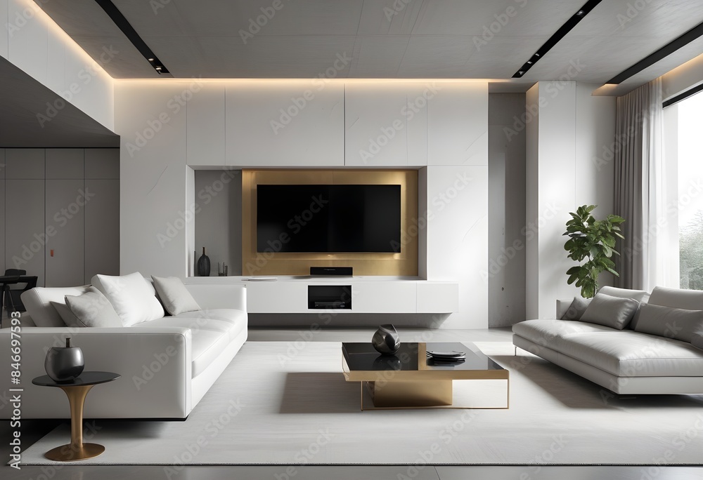High end modern living room with white leather couch and a large flat screen tv mounted on the wall, brutalist architecture mixed with modern futuristic minimal design High end modern living room with white leather couch and a large flat screen tv mounted on the wall, brutalist architecture mixed with modern futuristic minimal design