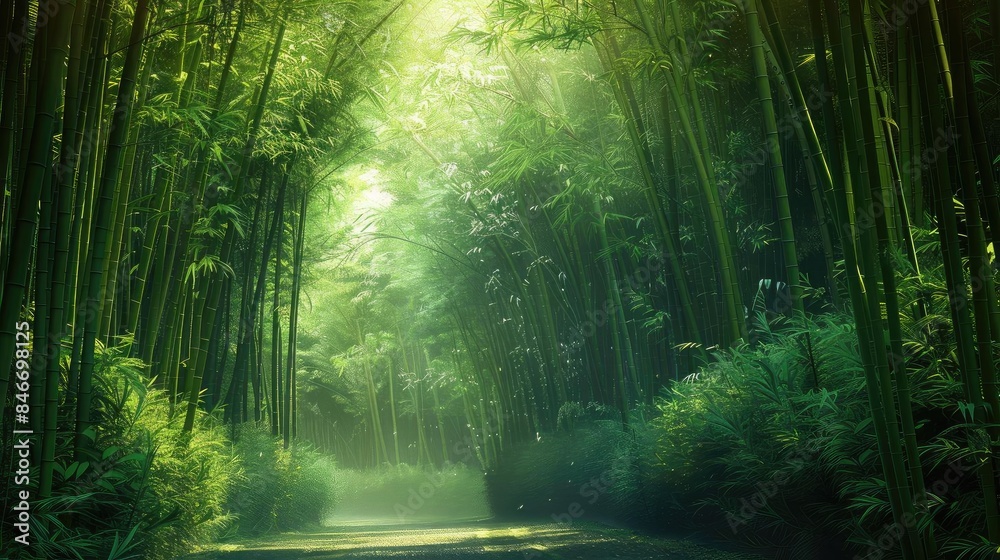 Obraz premium Serene bamboo forest path with sunlight filtering through the lush green foliage, creating a tranquil and peaceful atmosphere.