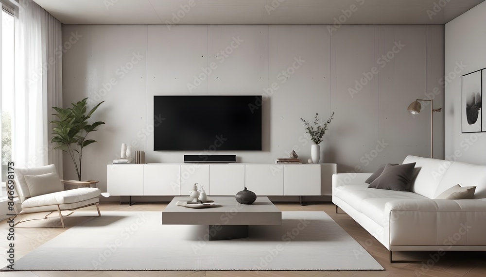 High end modern living room with white leather couch and a large flat screen tv mounted on the wall, brutalist architecture mixed with modern futuristic minimal design High end modern living room with white leather couch and a large flat screen tv mounted on the wall, brutalist architecture mixed with modern futuristic minimal design