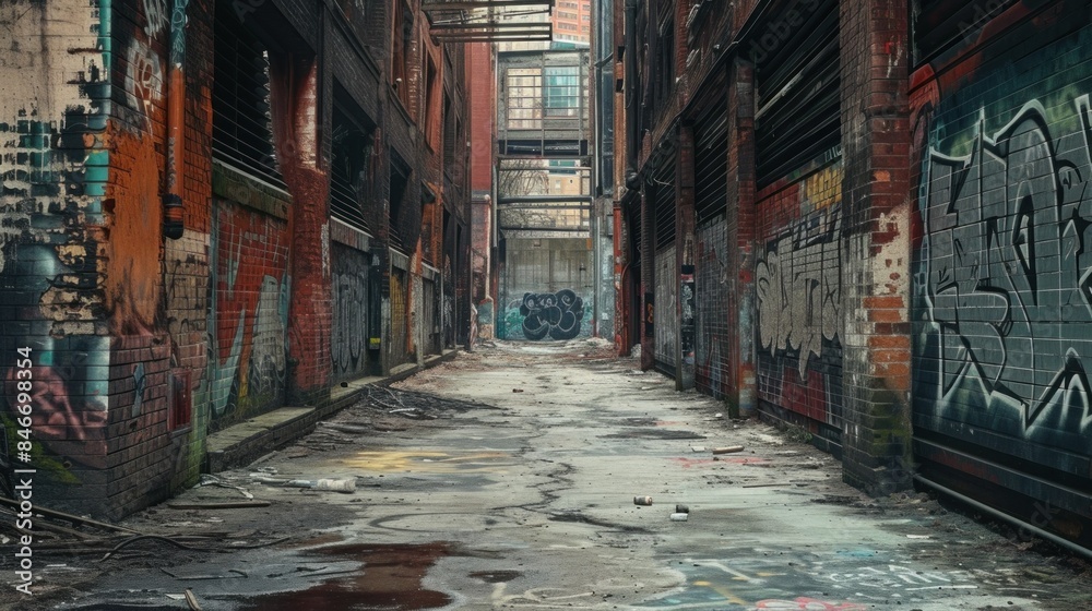 Fototapeta premium Dark vintage urban alley back yard with graffiti