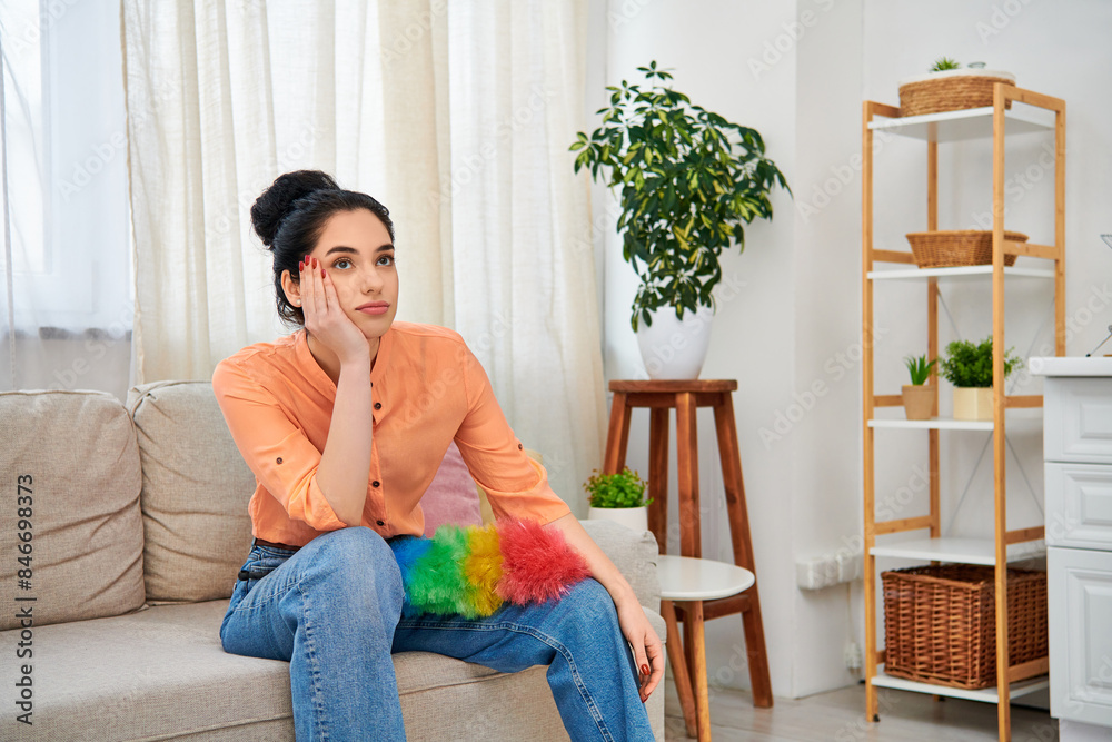 A stylish woman in casual attire relaxes on a couch in a cozy living room setting. A stylish woman in casual attire relaxes on a couch in a cozy living room setting.