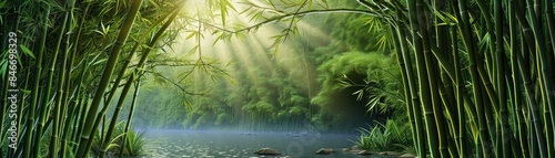 Serene bamboo forest with sunlight filtering through, creating a peaceful atmosphere by a tranquil river. Perfect for nature lovers and meditation.