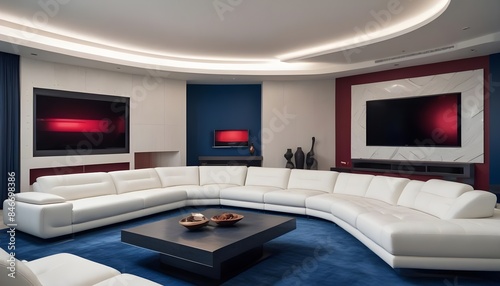 High end modern living room with white leather couch and a large flat screen tv mounted on the wall, brutalist architecture mixed with modern futuristic minimal design