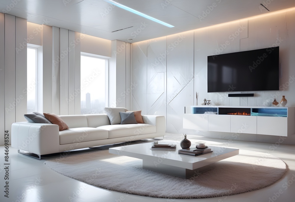 High end modern living room with white leather couch and a large flat screen tv mounted on the wall, brutalist architecture mixed with modern futuristic minimal design High end modern living room with white leather couch and a large flat screen tv mounted on the wall, brutalist architecture mixed with modern futuristic minimal design