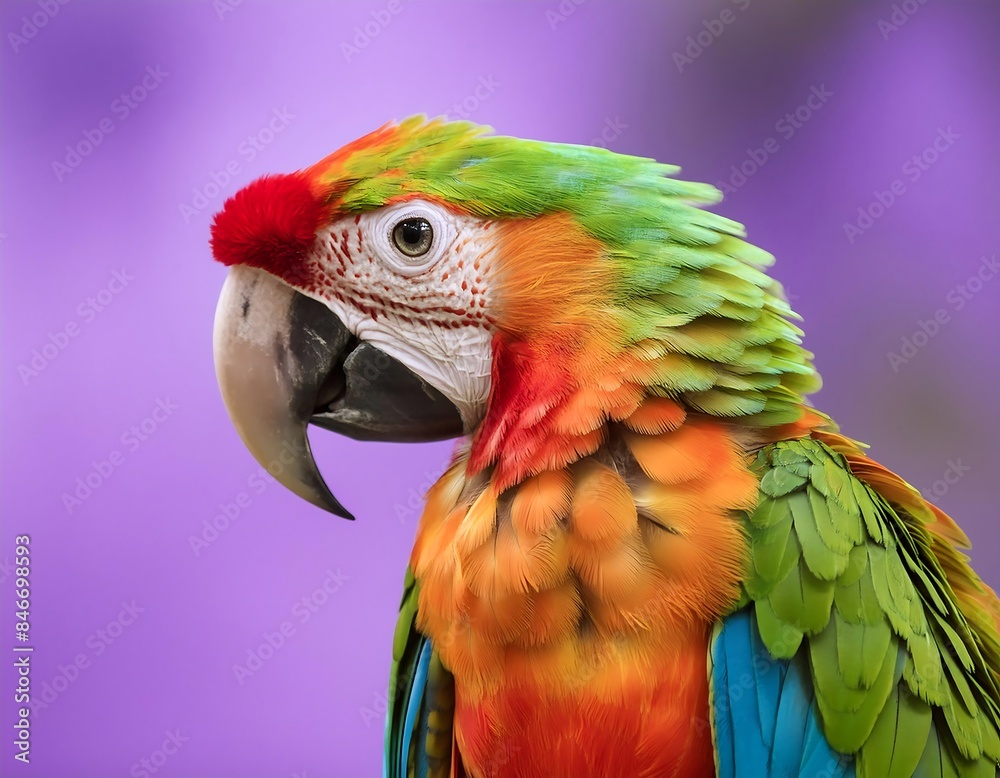 multicolored parrot with a detailed red beak against a soft-focus purple background, embodying the essence of tropical wildlife. multicolored parrot with a detailed red beak against a soft-focus purple background, embodying the essence of tropical wildlife.