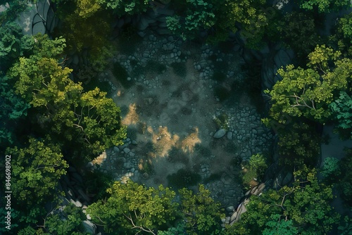 DnD Battlemap Bear Lair Battlemap: Outdoor terrain with rocky cliffs, trees, and a cave entrance. © Fox