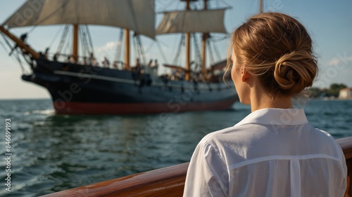 Woman Observing a Tall Ship at Sea