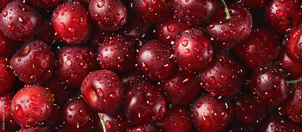 A multitude of vibrant red cherries up close, glistening with water droplets. A multitude of vibrant red cherries up close, glistening with water droplets.
