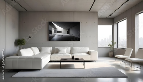 High end modern living room with white leather couch and a large flat screen tv mounted on the wall, brutalist architecture mixed with modern futuristic minimal design