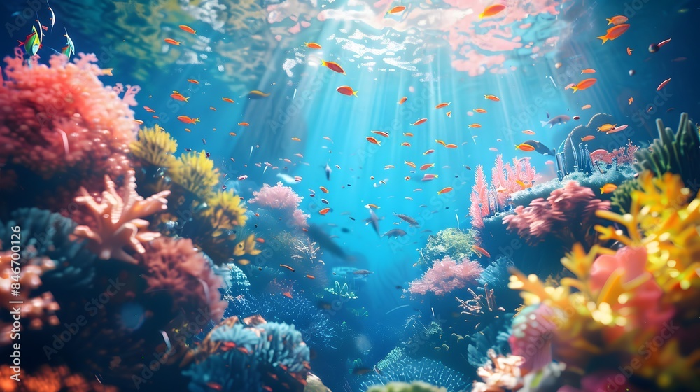 Naklejka premium Beautiful underwater scenery with various types of fish and coral reefs Generative AI