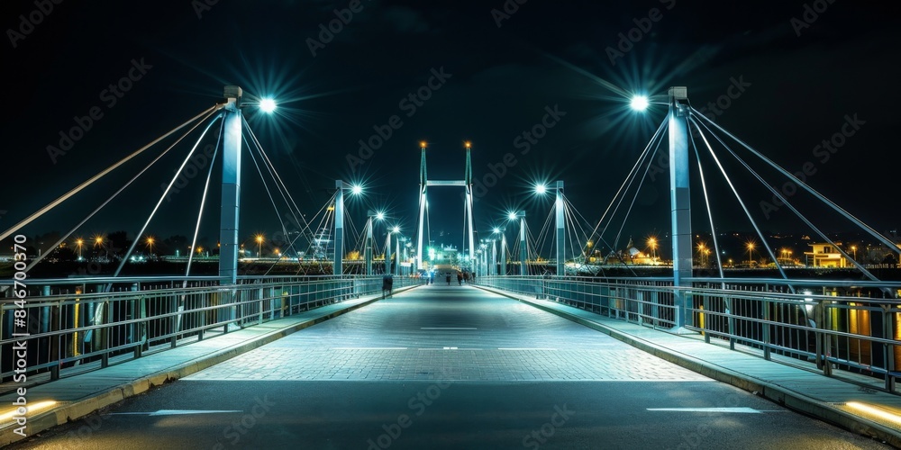 Fototapeta premium Illuminated bridge at night, capturing pedestrians and vehicles crossing over. City skyline, bustling, nightlights, Christmas, relieve stress, vacation, moon, mid-autumn festival, mist, mystical, holi