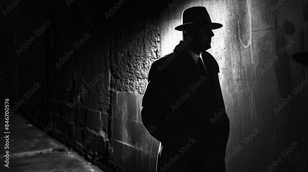 Mysterious silhouette of a detective's shadow lurking in the darkness, evoking intrigue Mysterious silhouette of a detective's shadow lurking in the darkness, evoking intrigue