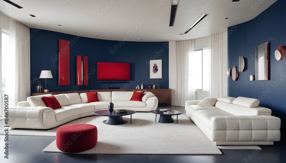 High end modern living room with white leather couch and a large flat screen tv mounted on the wall, brutalist architecture mixed with modern futuristic minimal design High end modern living room with white leather couch and a large flat screen tv mounted on the wall, brutalist architecture mixed with modern futuristic minimal design