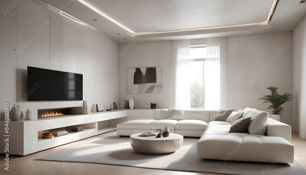High end modern living room with white leather couch and a large flat screen tv mounted on the wall, brutalist architecture mixed with modern futuristic minimal design High end modern living room with white leather couch and a large flat screen tv mounted on the wall, brutalist architecture mixed with modern futuristic minimal design