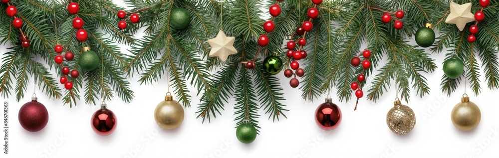 Green christmas tree branch on the top with hanging baubles and stars decorations on neutral light pastel studio background Green christmas tree branch on the top with hanging baubles and stars decorations on neutral light pastel studio background