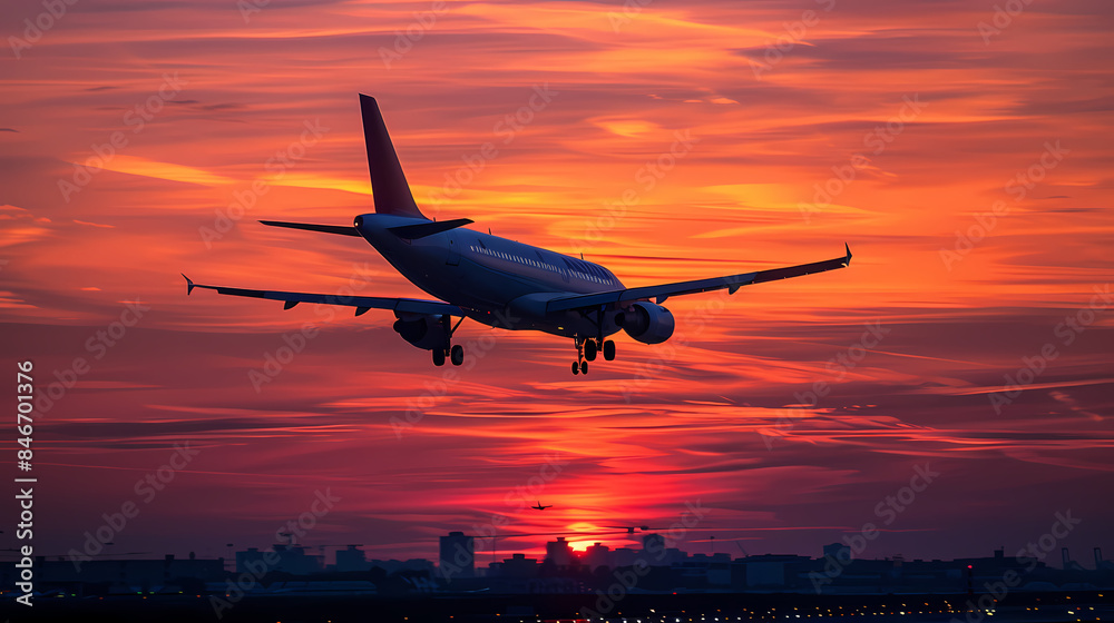 Fototapeta premium Sunset view of airplane on airport runway under dramatic sky