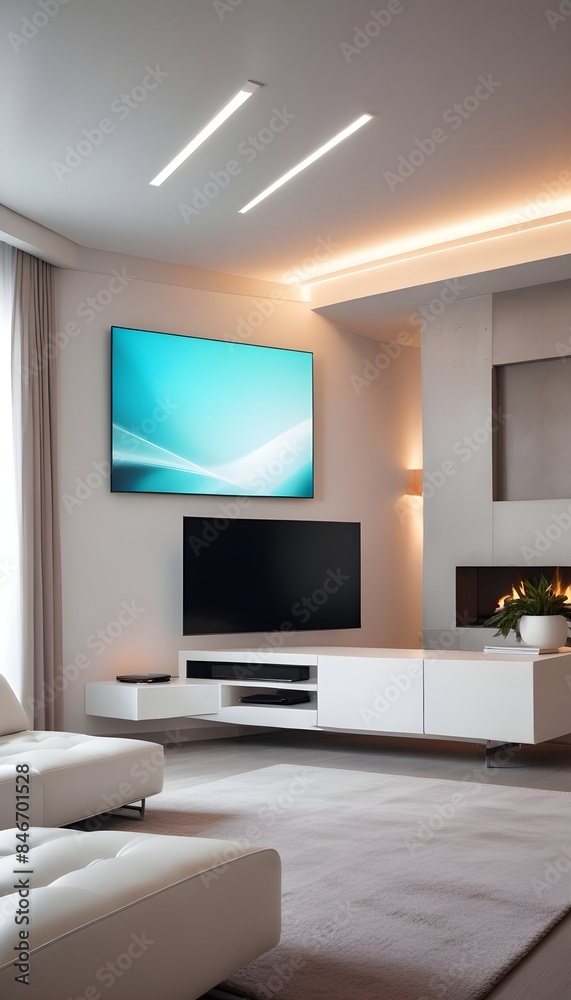 High end modern living room with white leather couch and a large flat screen tv mounted on the wall, brutalist architecture mixed with modern futuristic minimal design High end modern living room with white leather couch and a large flat screen tv mounted on the wall, brutalist architecture mixed with modern futuristic minimal design