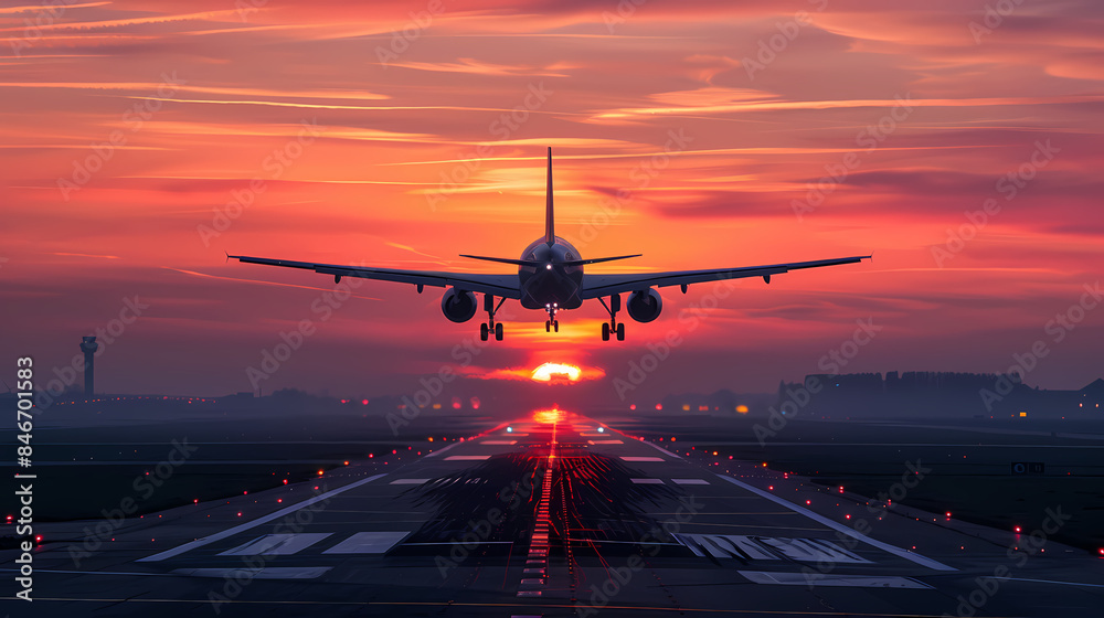 Sunset view of airplane on airport runway under dramatic sky Sunset view of airplane on airport runway under dramatic sky
