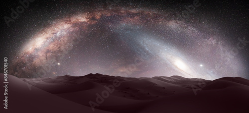 Fototapeta Naklejka Na Ścianę i Meble -  Amazing Milky Way and Andromeda galaxy over the sand dunes of Sahara Desert - Sahara, Morocco