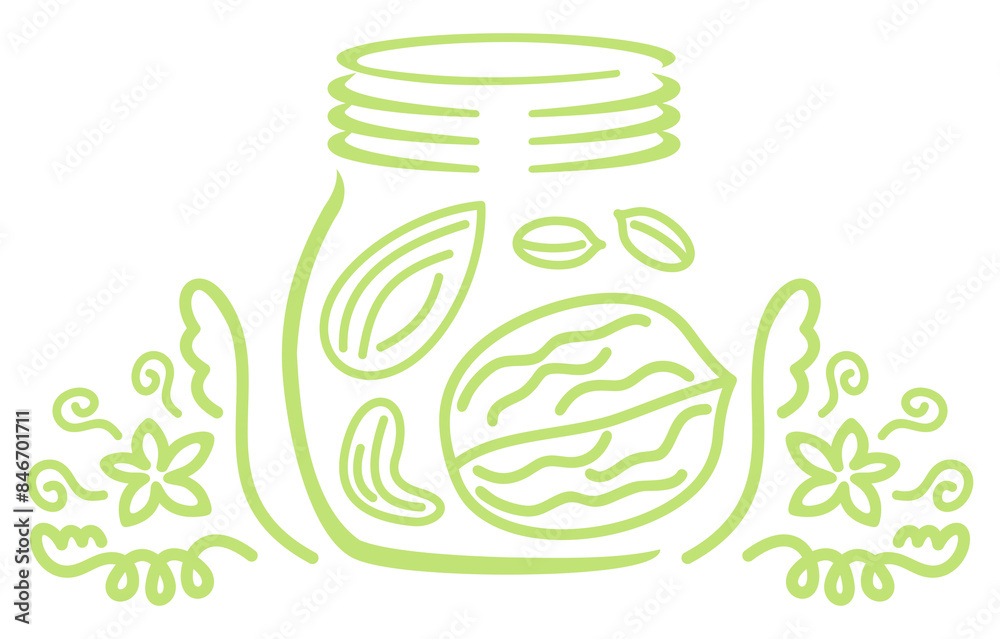 Obraz premium Jar with nuts and nut butter, walnut, almond, peanut and cashew. Food, nature, herb and organic food, illustration