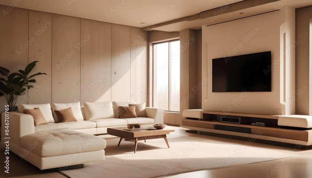 High end modern living room with white leather couch and a large flat screen tv mounted on the wall, brutalist architecture mixed with modern futuristic minimal design High end modern living room with white leather couch and a large flat screen tv mounted on the wall, brutalist architecture mixed with modern futuristic minimal design