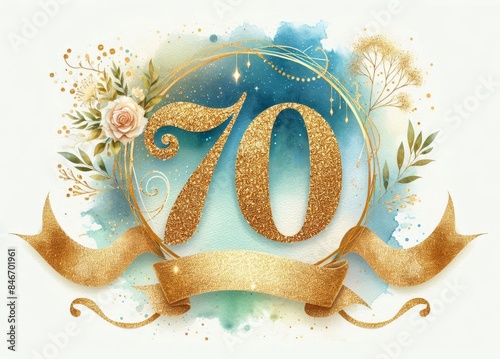 Elegant 70th anniversary design with gold glitter numbers, floral accents, and watercolor backdrop photo