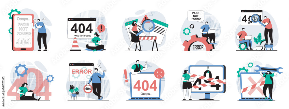 Fototapeta premium Page not found web concept with people scenes mega set in flat design. Bundle of character situations with 404 error on website, Internet disconnect, site connection maintenance. Vector illustrations.