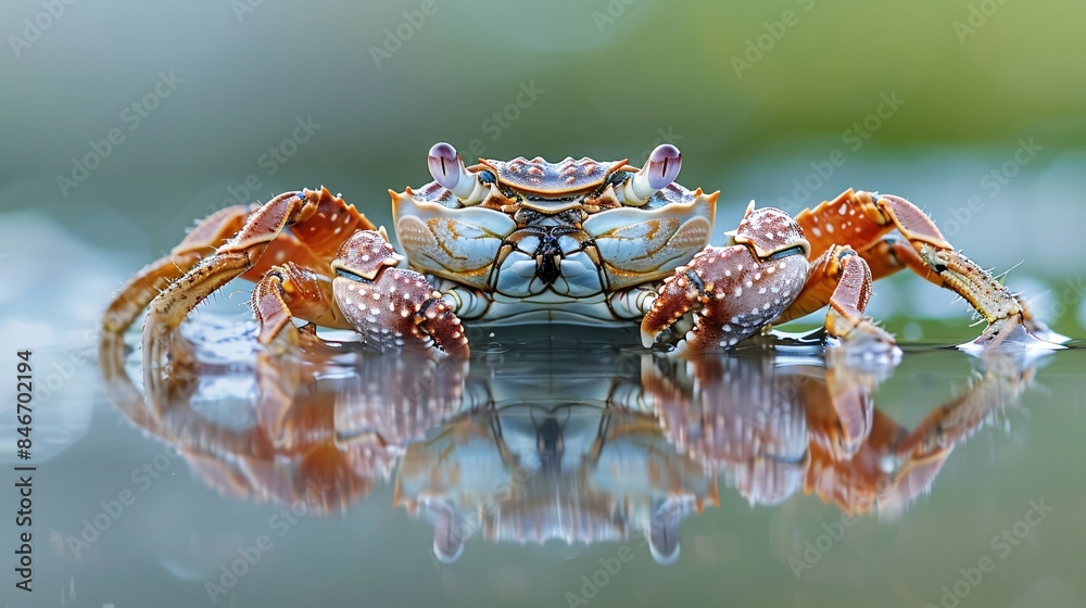 Ultra-high-definition macro image of a crab emerging from a tidal pool, with focus stacking used to capture the intricate details of its claws and shell against the reflective water surface Ultra-high-definition macro image of a crab emerging from a tidal pool, with focus stacking used to capture the intricate details of its claws and shell against the reflective water surface