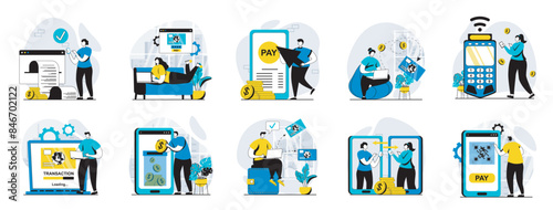 E-payment web concept with people scenes mega set in flat design. Bundle of character situations with payment online at store, clients paying with credit card using application. Vector illustrations.