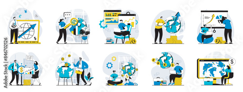 Global economic web concept with people scenes mega set in flat design. Bundle of character situations with developing international business, researching worldwide market trend. Vector illustrations.